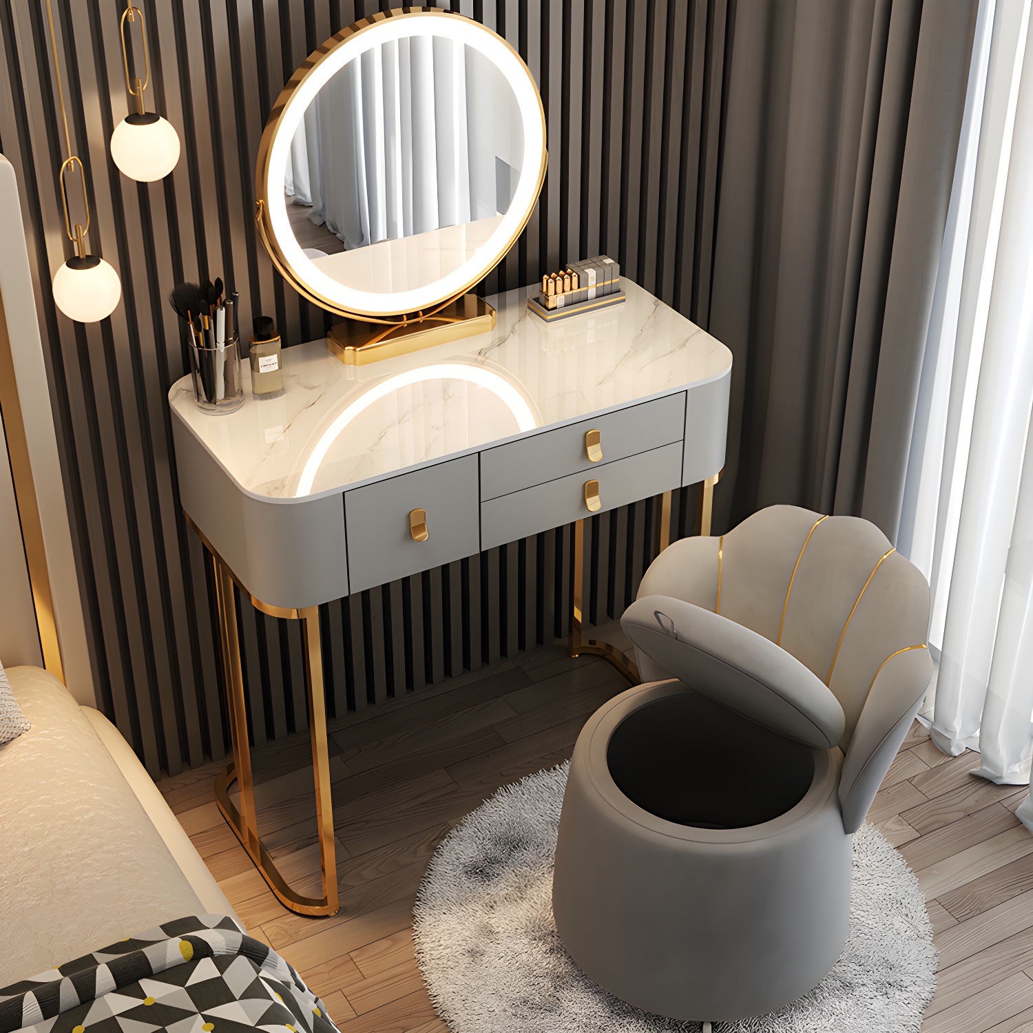 Luxurious Vanity Dressing Table Solid Wood Vanity Set with Stool and Mirror - image 3