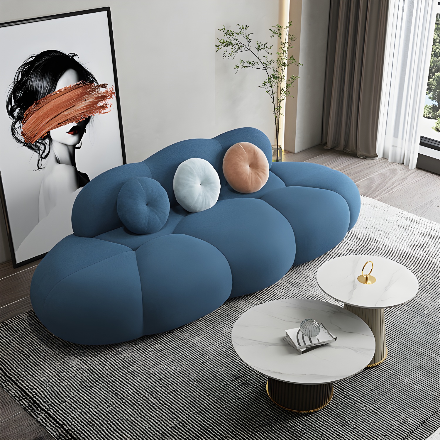 Contemporary Armless Wool Sofa with Tight Back and 3 Pillows