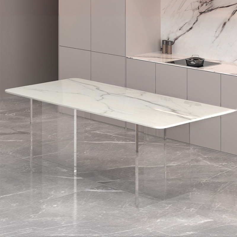 Dining Table Set with Rectangular White Slate Stone Top, Two-sided Pedestal Base, and Padded Chair with Back