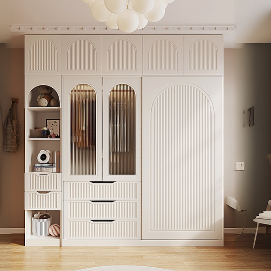 Chalk Almirah in Timber with Clothing Rod, 3 Cabinets/2 Cabinets and 5-Drawer/4-Drawer/3-Drawer in a Minimalist Style, 3-Shelf/2-Shelf Included/Not Included