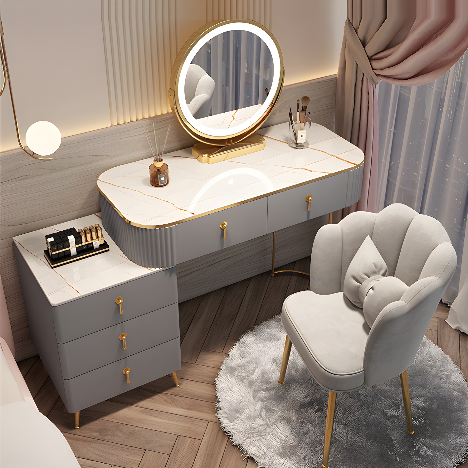 Contemporary Mirrored Wood Top Makeup Vanity Desk White/Gray Dressing Table - image 5