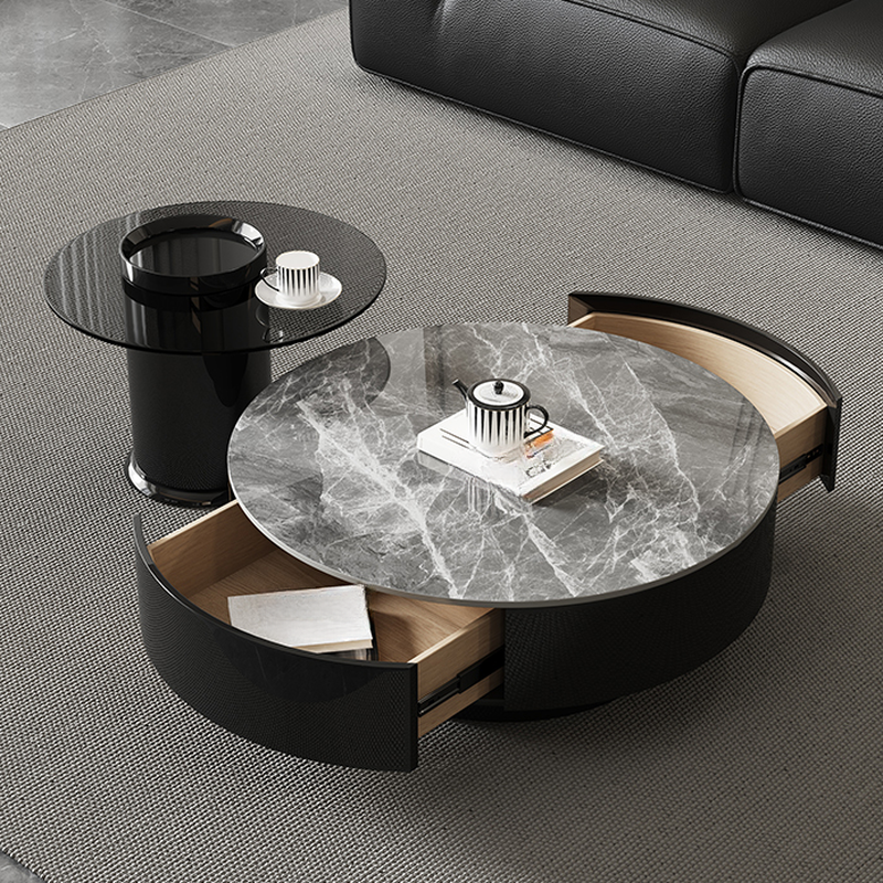 Elegant 1-Tier Circular-shaped Slate Side Table with Drum Base and Midnight Black Top, Includes 2 Drawers/1 Drawer - image 7