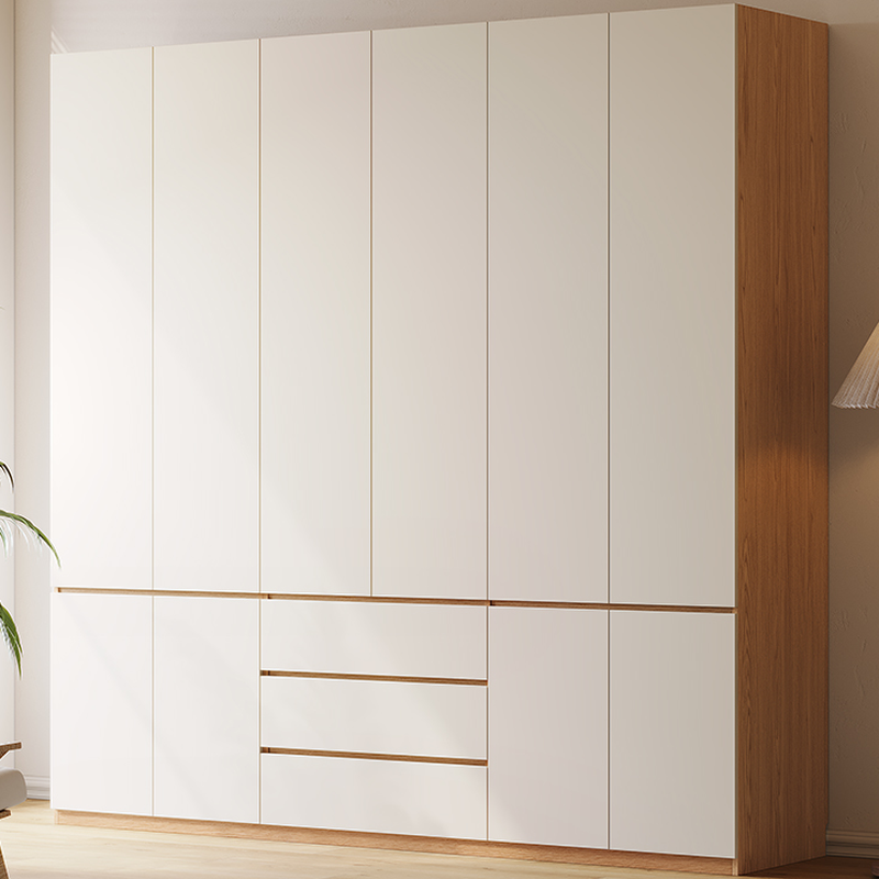 White Minimalist Manufactured Wood Wardrobe Closet with Soft Close Drawer, Soft Close Door, Interior Shelves, and Clothing Rod