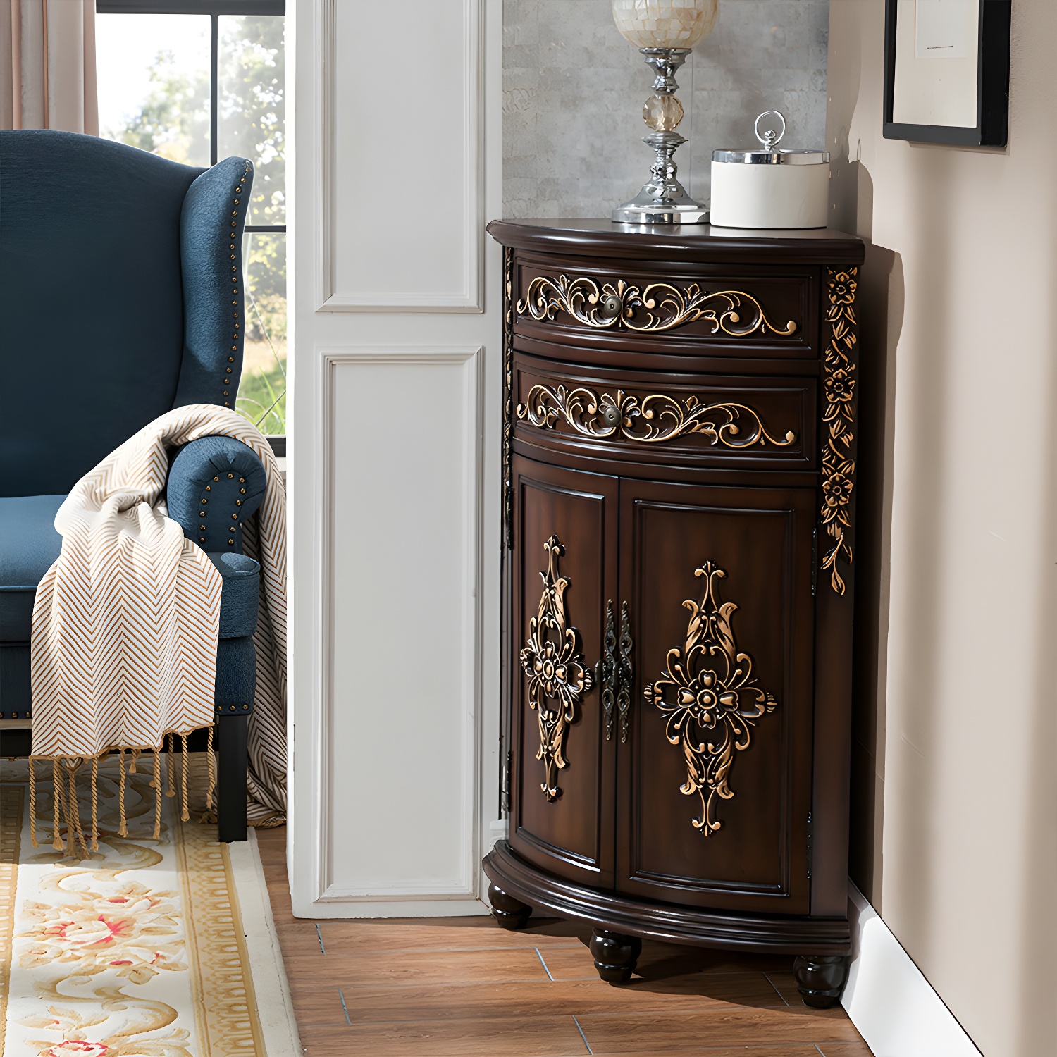 Traditional Bar Pulls Solid Wood Corner Accent Cabinet with Doors - image 14