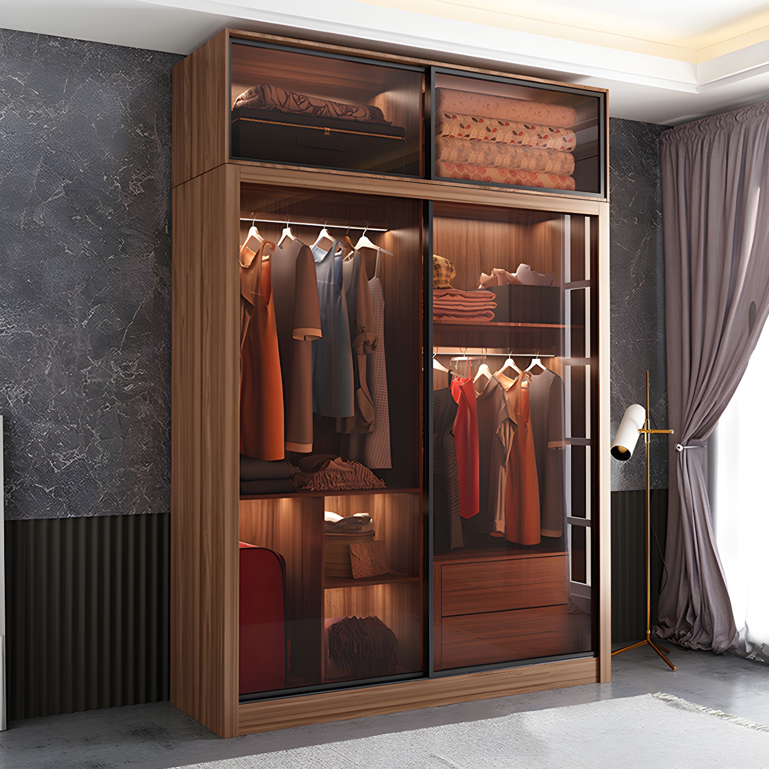 Bedroom Sliding Door Wardrobe Modern Brown Cabinet with Glass Doors - image 9