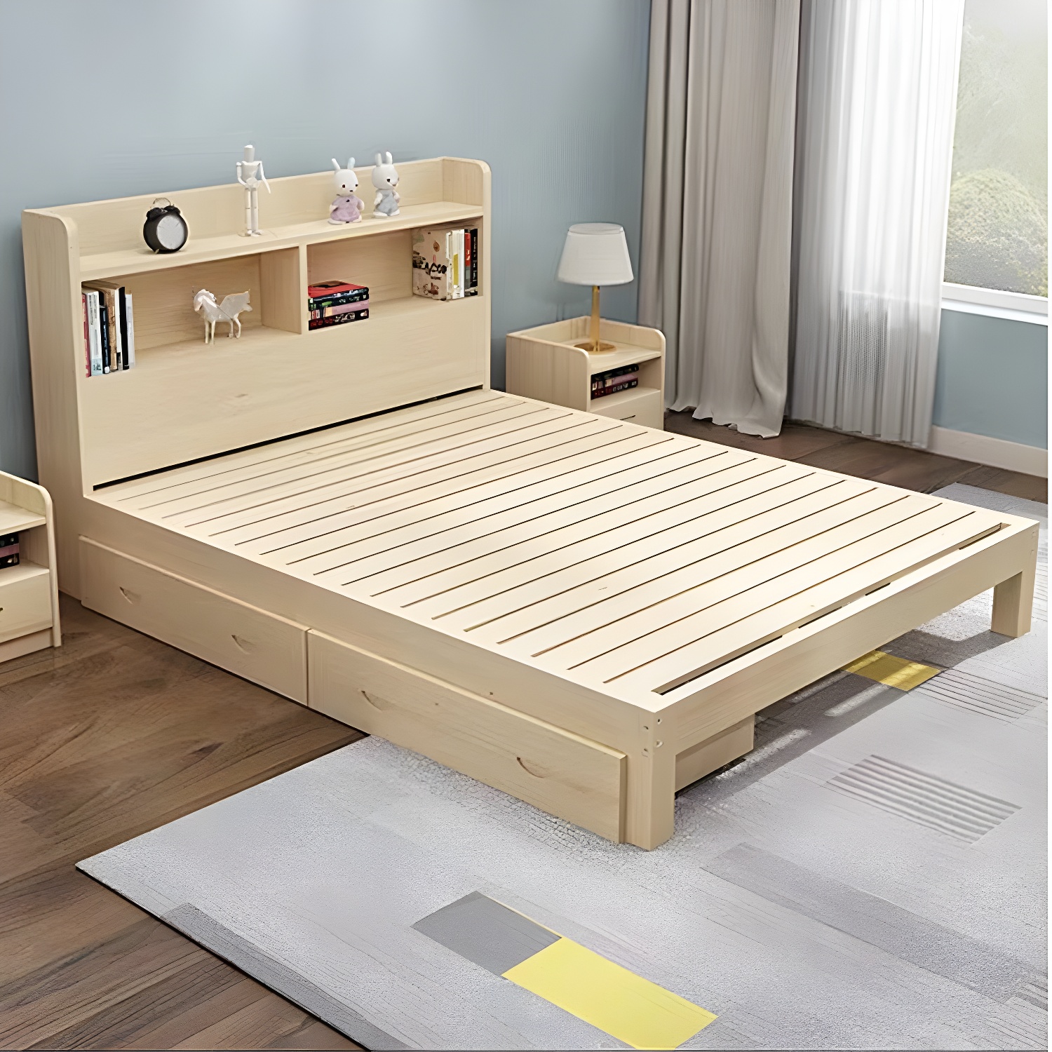 Nordic Solid Wood Bookcase Included Bed Frame Upholstered 2-Drawer Bed Frame - image 3