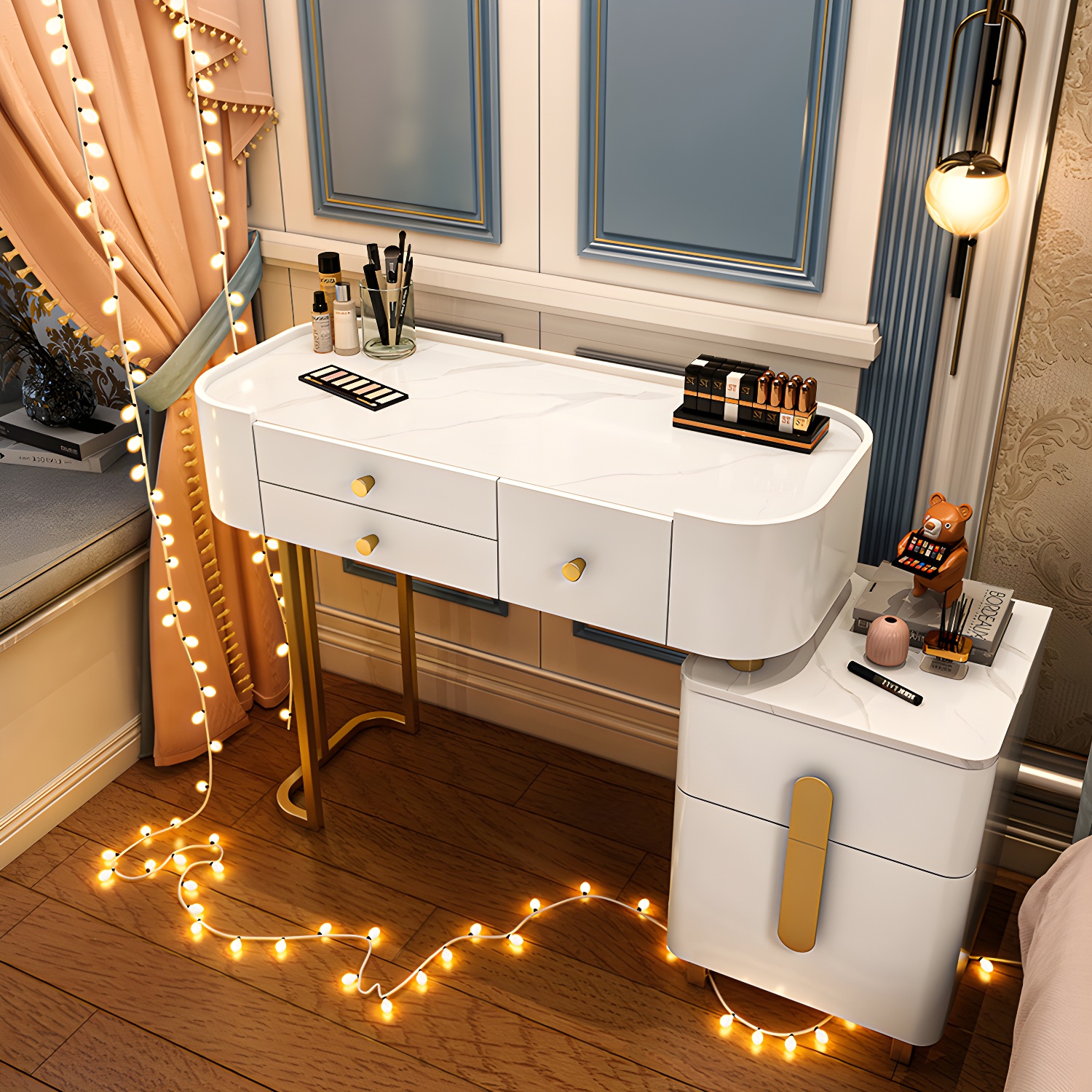 Modern Solid Wood Makeup Vanity Desk Bedroom Vanity Dressing Table Set