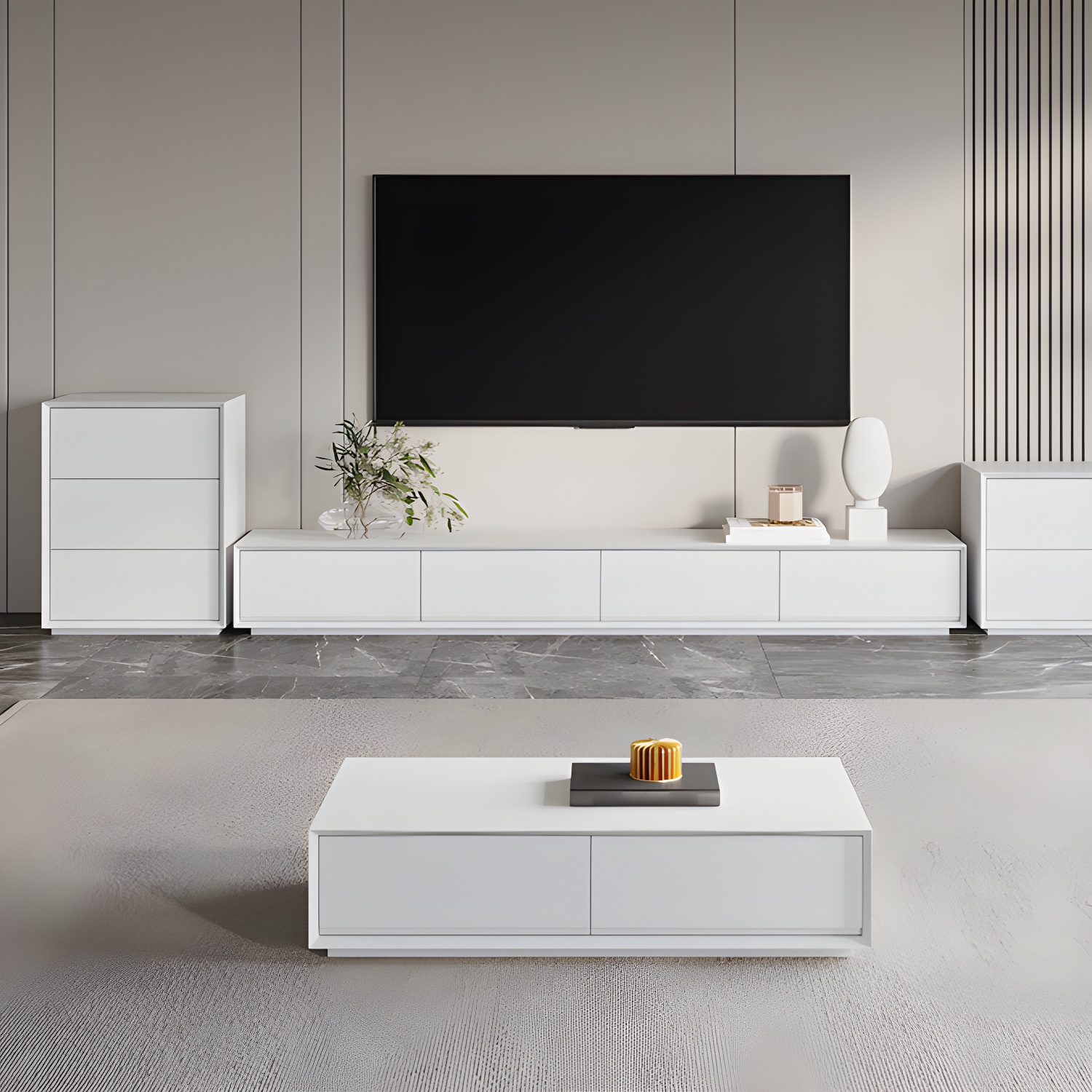 White Wood TV Stand Modernism TV Stand With Drawers for living Room - image 6