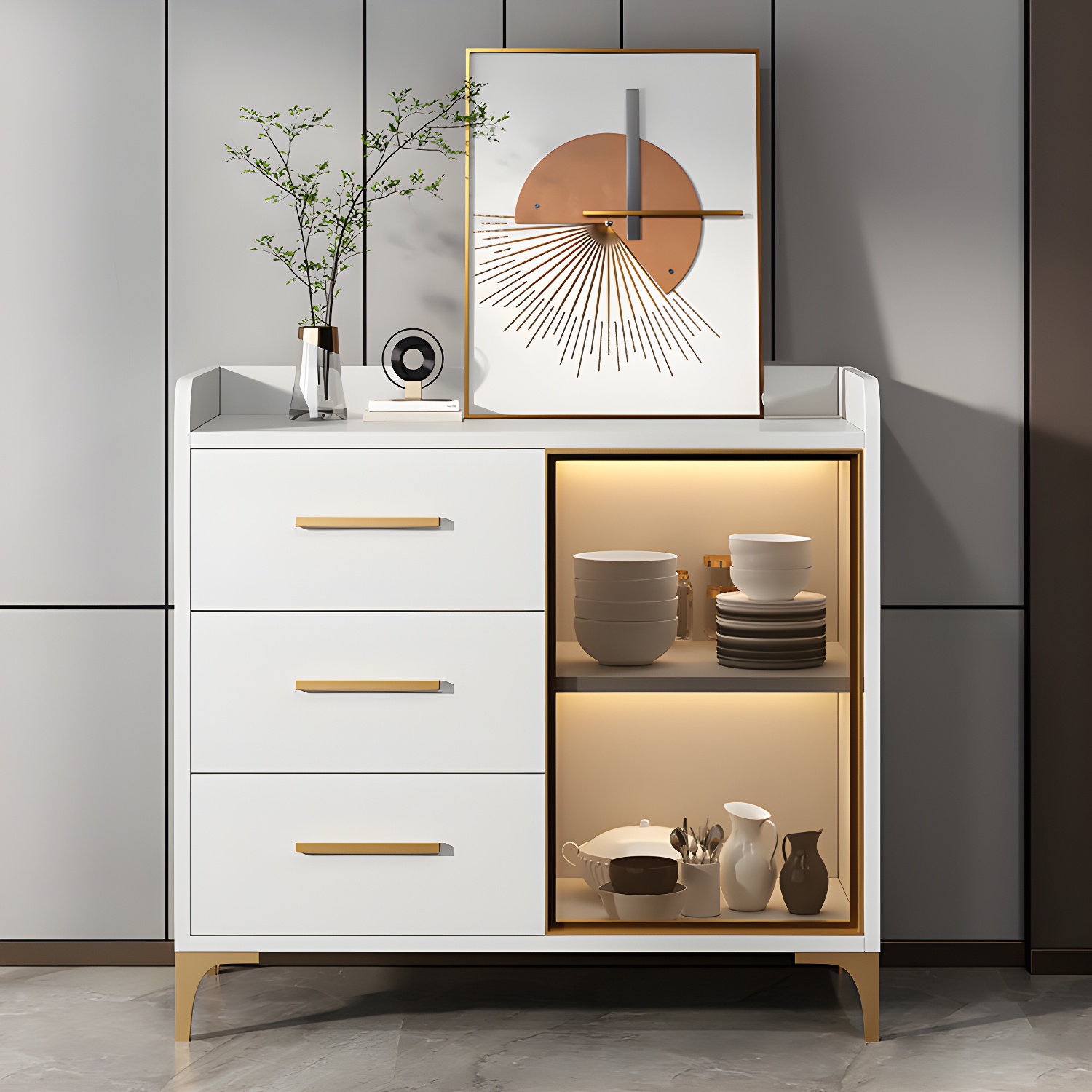 Glam Style Sideboard Wood Glass Doors Side Board with Cabinets and Drawers without Light - image 8