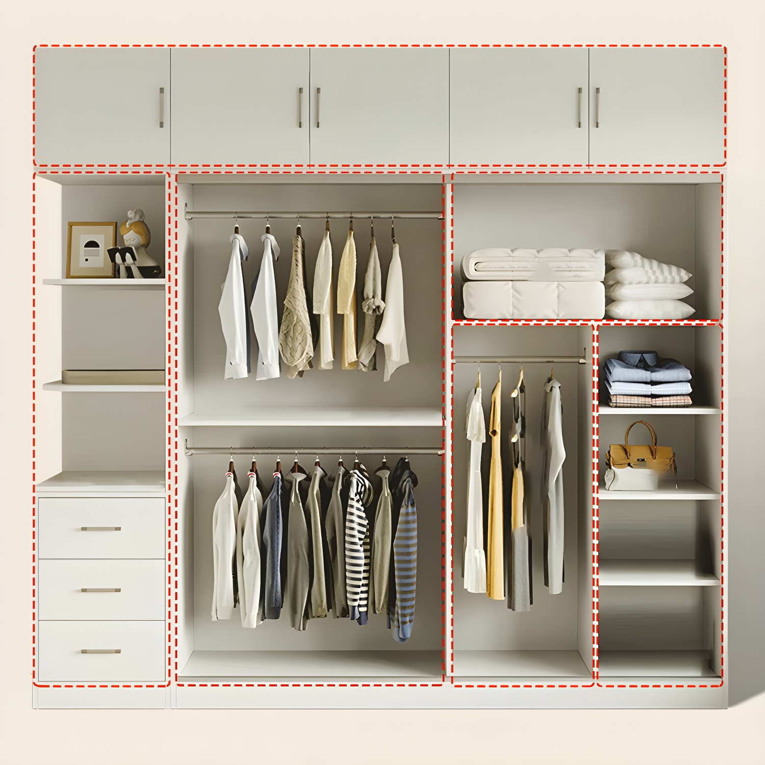 Modern White Wood Wardrobe Armoire with Sliding Doors, Shelves, and Soft Close Drawers - image 7