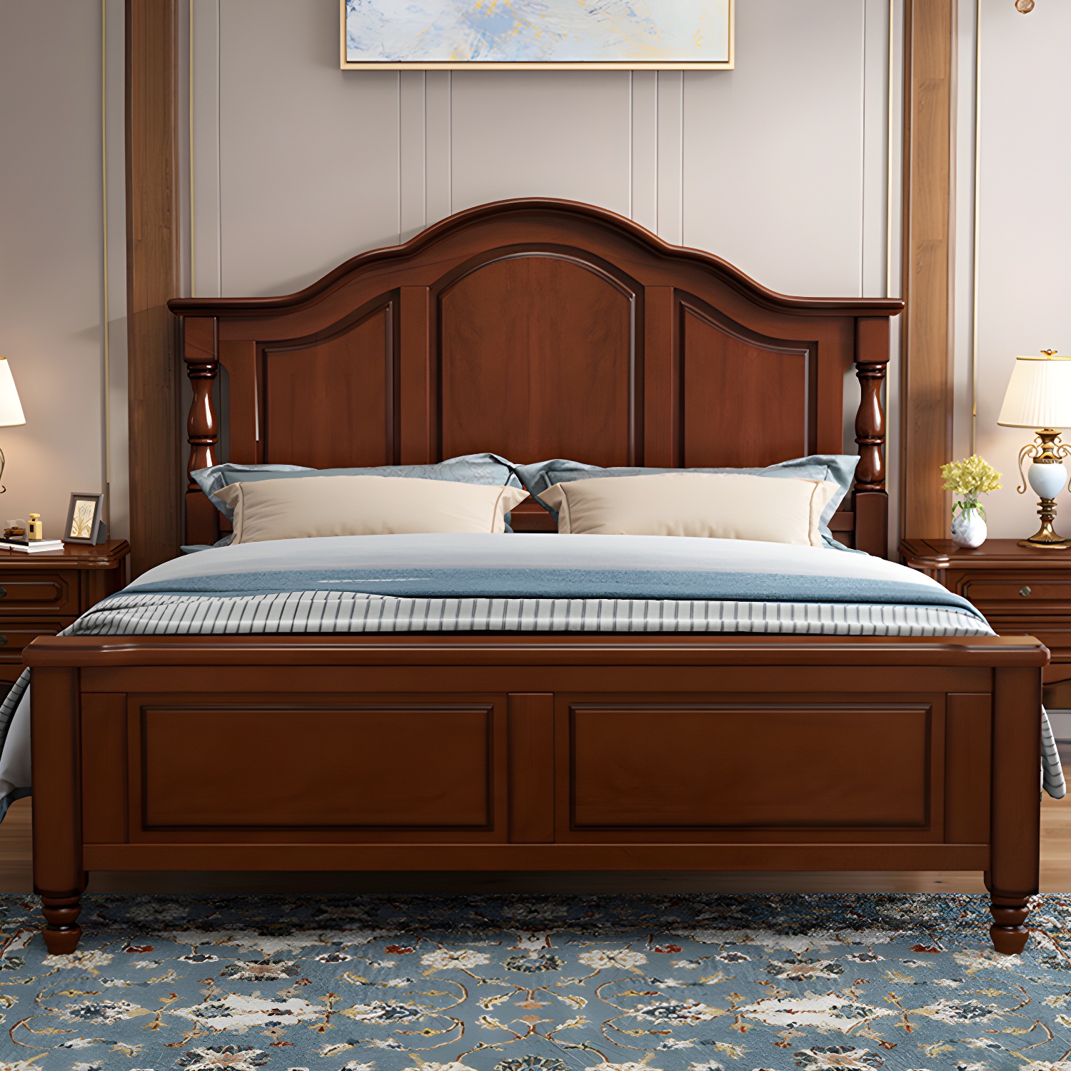 Contemporary Brown Bed Frame Solid Wood Bed with Arched Headboard