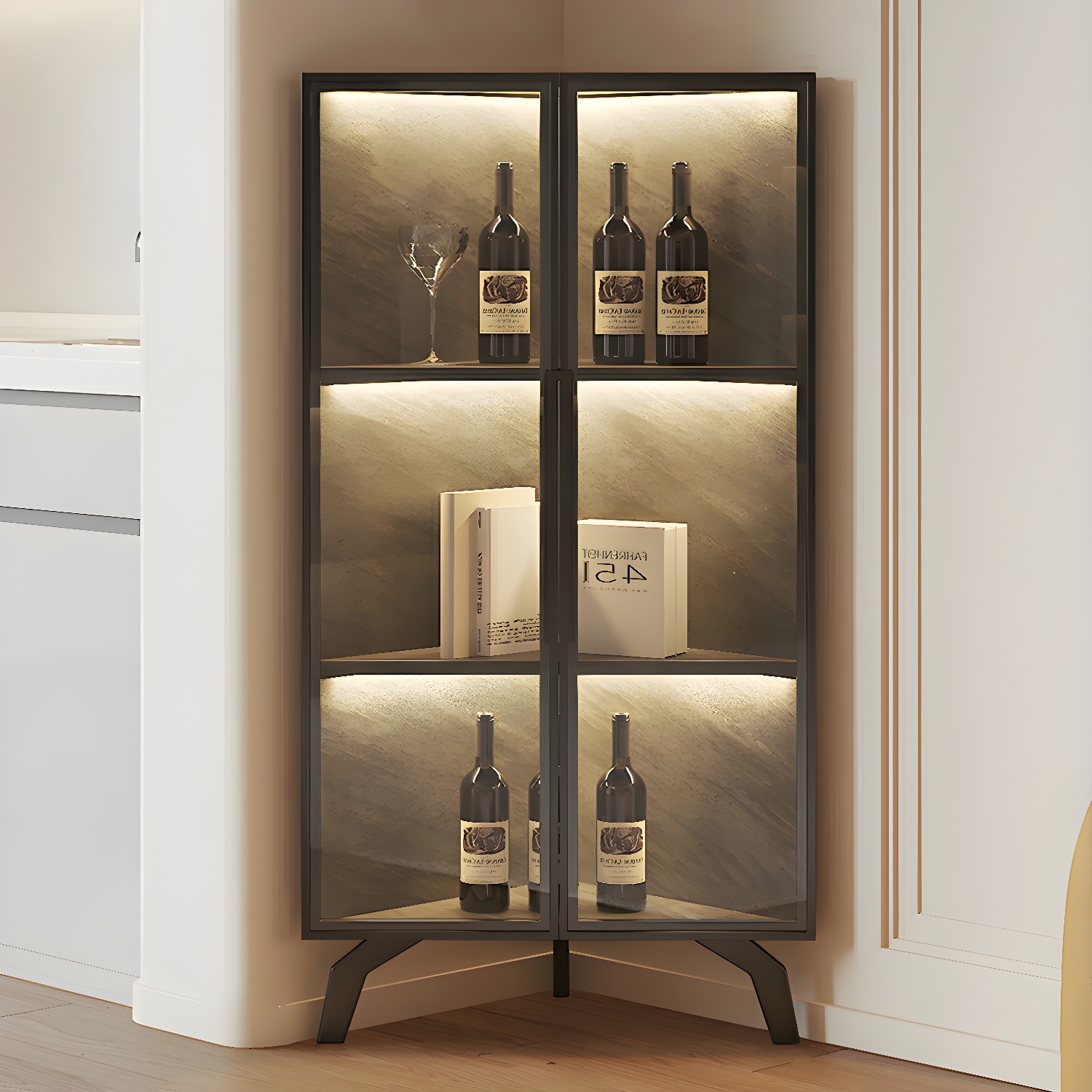 Modern Corner Glass Door Accent Cabinet with Black Metal Base - image 3