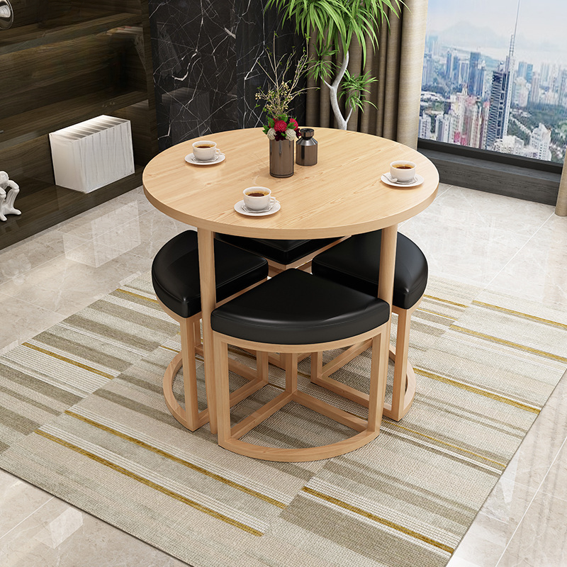 Reclaimed Wood Round Dining Table Set with Metal Toboggan Base and Upholstered Backless Chairs for 4 People - image 27