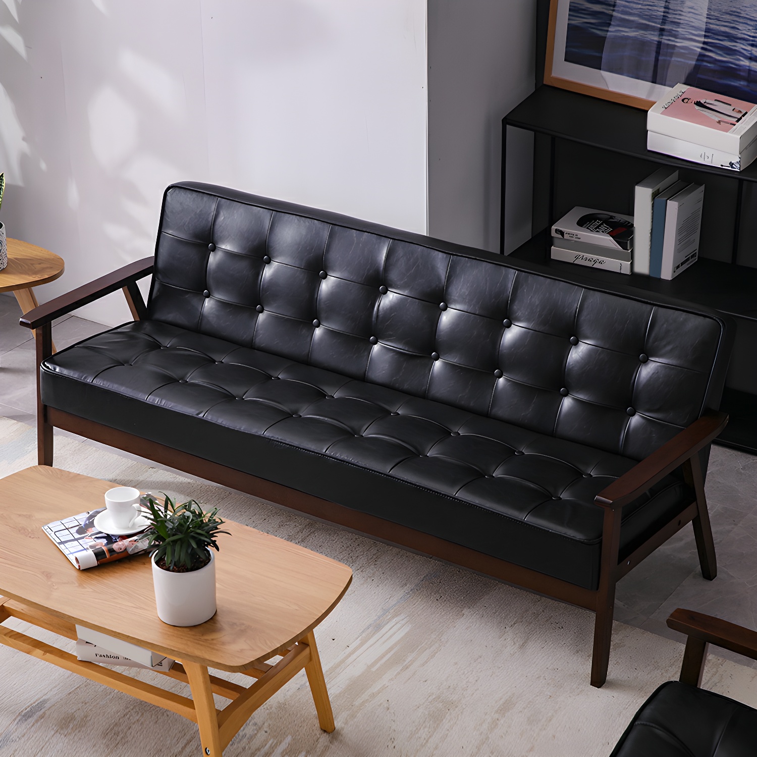 Mid-Century Modern Pine Wood Sofa with Tufted Back and Single Cushion Design - image 10