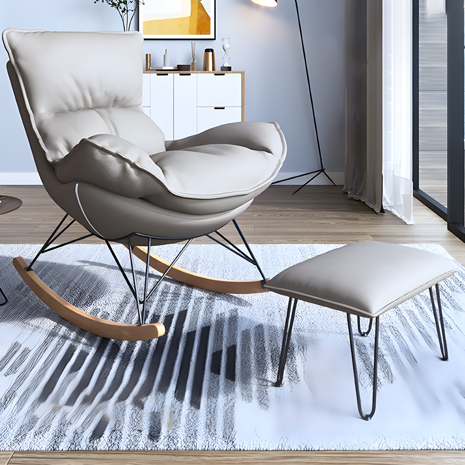 Contemporary Rocker Chair Antique Finish Rocking Chair with Ottoman