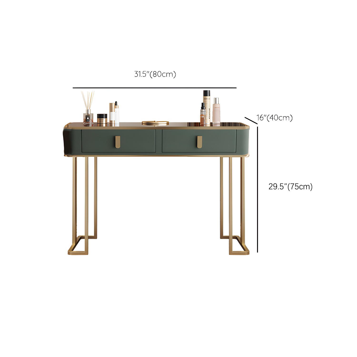 Glass Top Dressing Table Solid Wood Green Make-up Vanity with Drawers - image 16