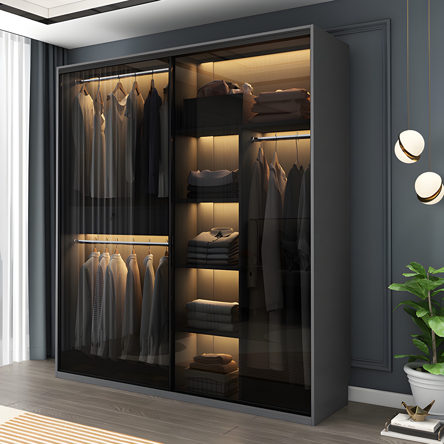 Modern Style Glass Wardrobe 1-Drawer Bedroom Wardrobe Closet