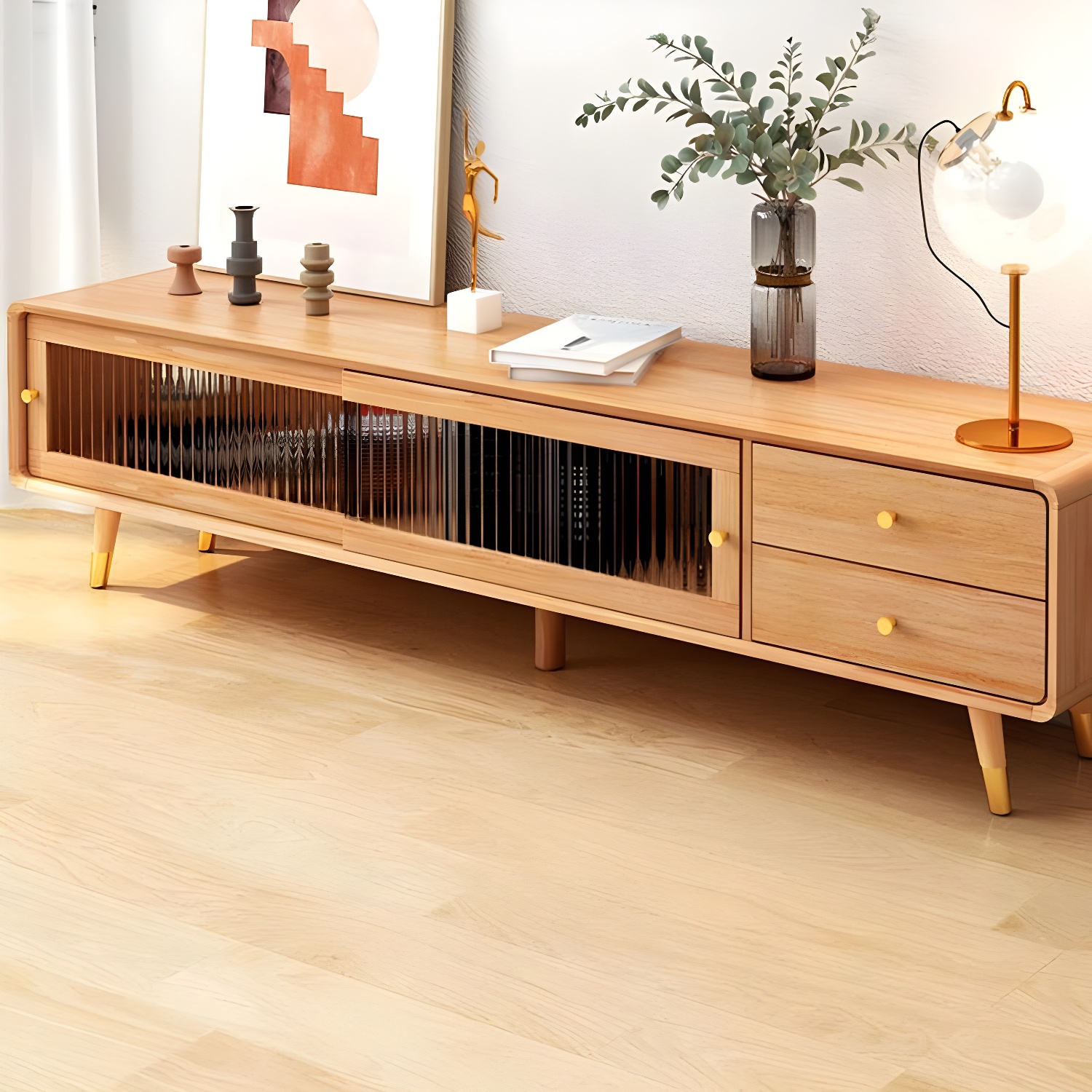 Scandinavian Style Low Height Wood TV Stand With 2 Drawers and Cabinet, Size 15.7'' x 17.7'' - image 5