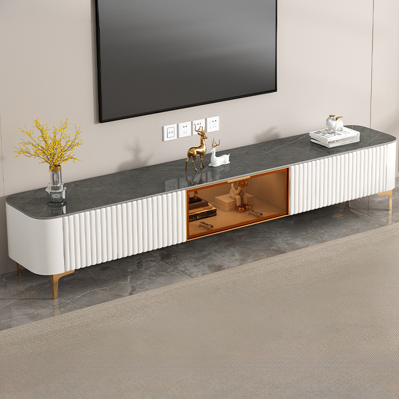 Simplistic Rectangular Vitreous TV Stand with Locker, Cable Management & 2 Drawers