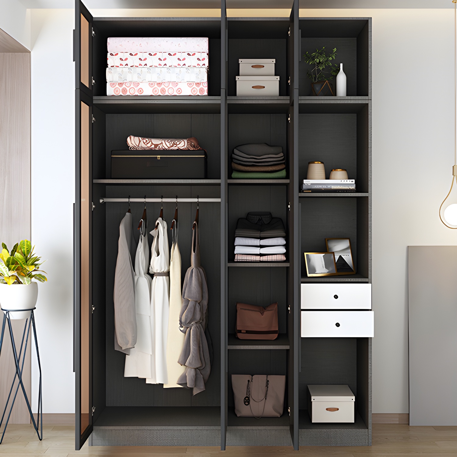 Black Glass Wardrobe Armoire Modern Style Wardrobe for Bedroom