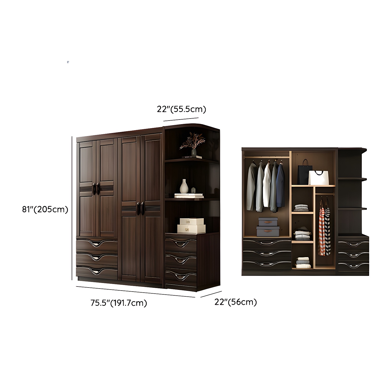 Traditional Black-brown Storage Wood Wardrobe with Clothing Rod and Shelves - image 14