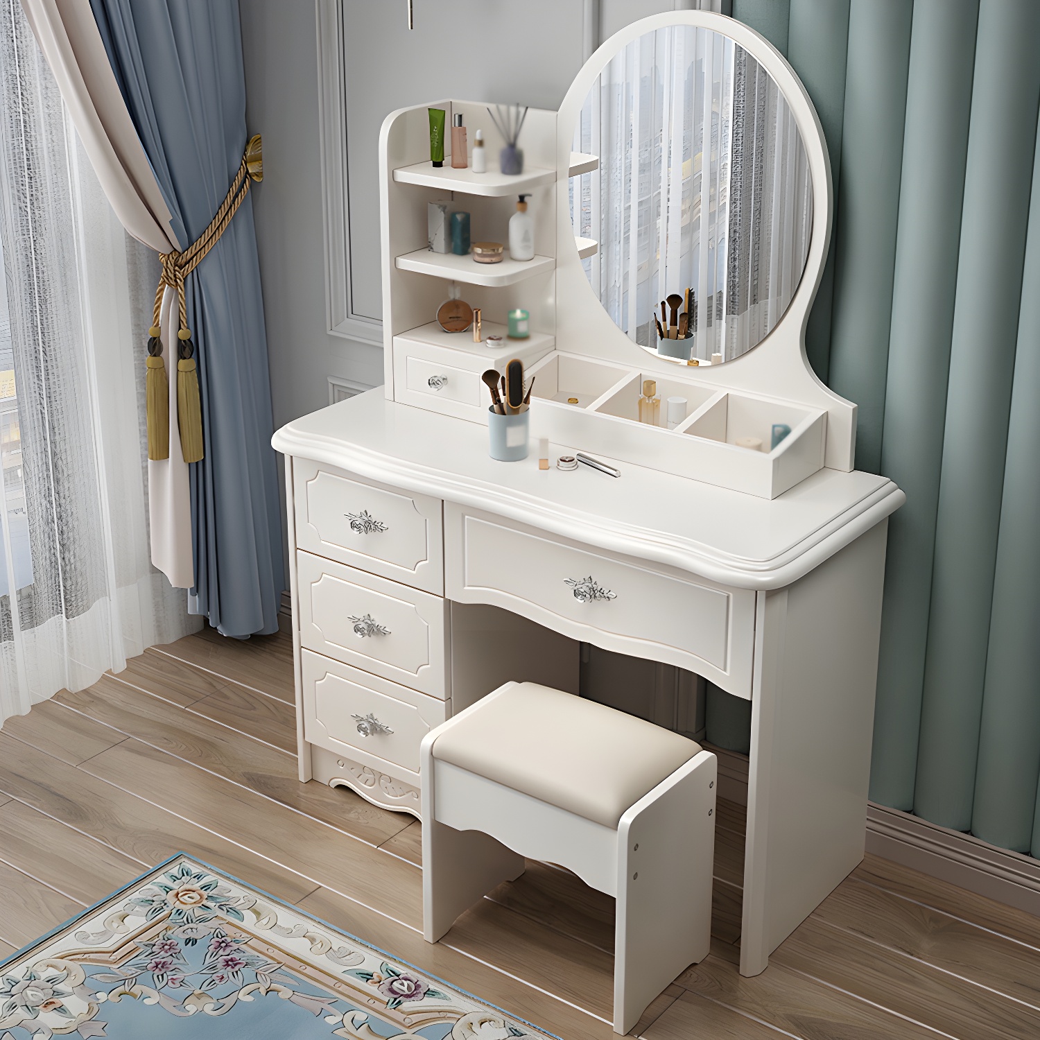 Modern White Wood Makeup Vanity with Seating & Standing Mirror