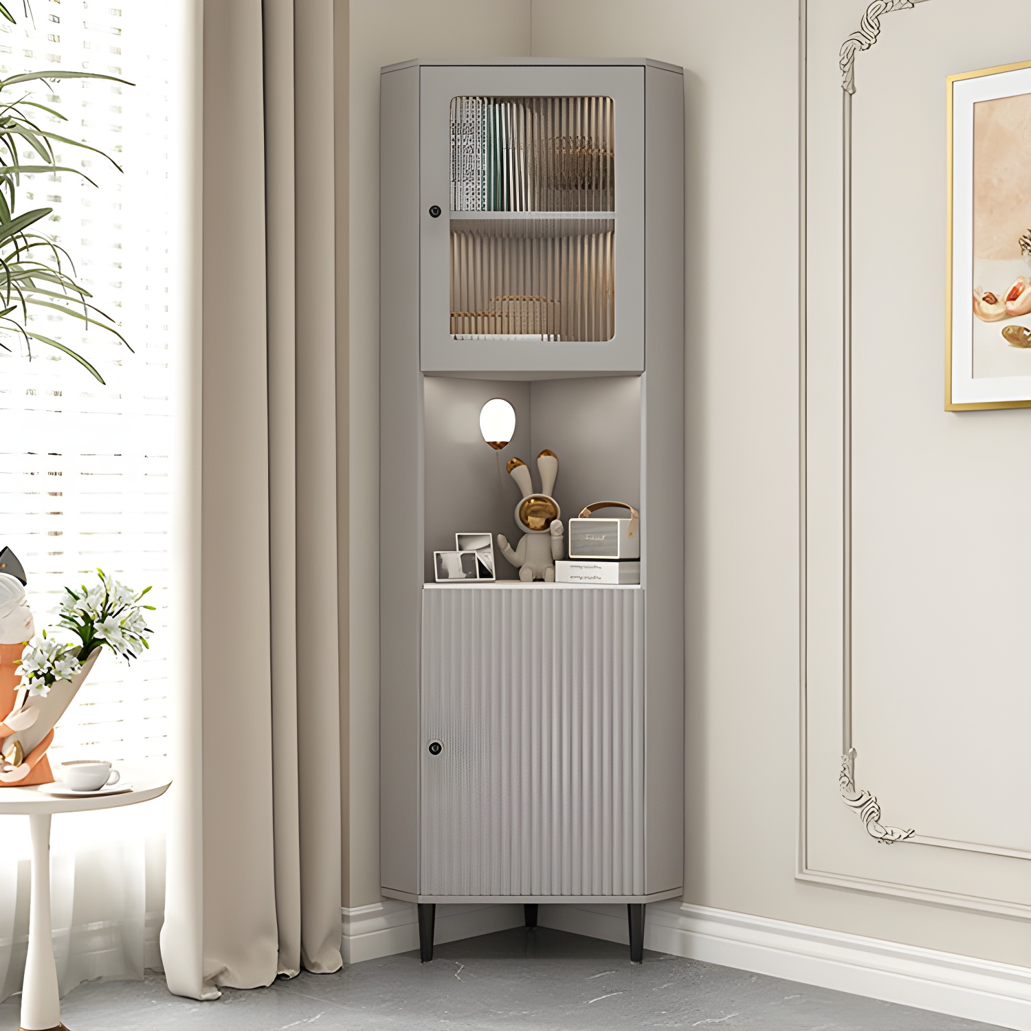 White Corner Modern Accent Cabinet with Stone Countertop, Glass Doors, and Cabinet Included - image 14