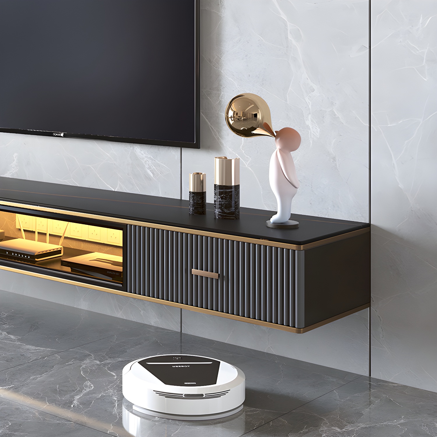 2 Drawers Contemporary TV Stand Stone Wall-mounted TV Cabinet - image 12