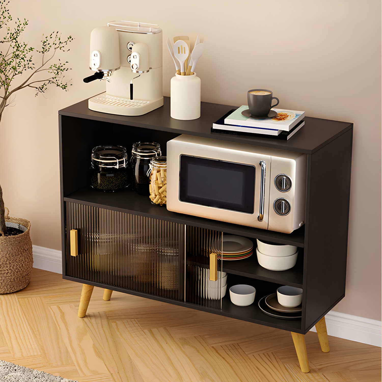 Scandinavian Wood Buffet Table with Acrylic Sliding Doors and Cabinet - image 9