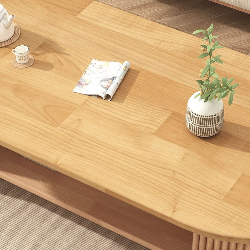 Oval Natural Wood Coffee Table with Twin Support Base, Repository, and 1 Shelf - image 12