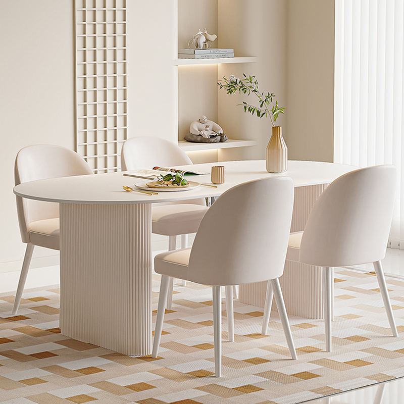 Oval Dining Table Set with Two-sided Pedestal, Enclosed Back, Fixed Table, Padded Chair, 5-piece in White - image 3