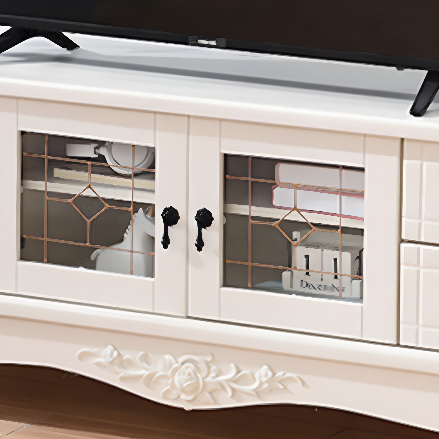 Traditional Solid Wood TV Cabinet Living Room Luxury TV Stand with Glass Doors - image 8