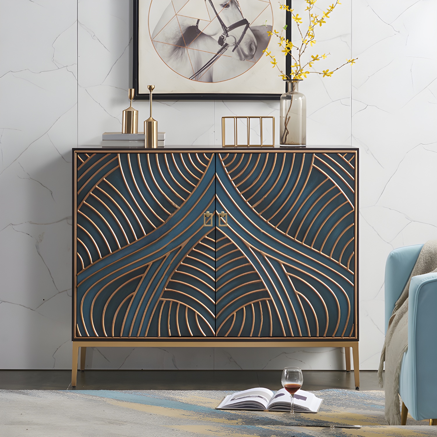 Gold Legs 35.4" High Sideboard Cabinet Glam Style Wood Buffet Table - image 2