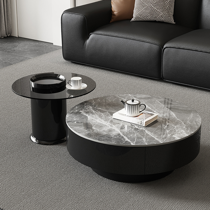 Elegant 1-Tier Circular-shaped Slate Side Table with Drum Base and Midnight Black Top, Includes 2 Drawers/1 Drawer - image 4