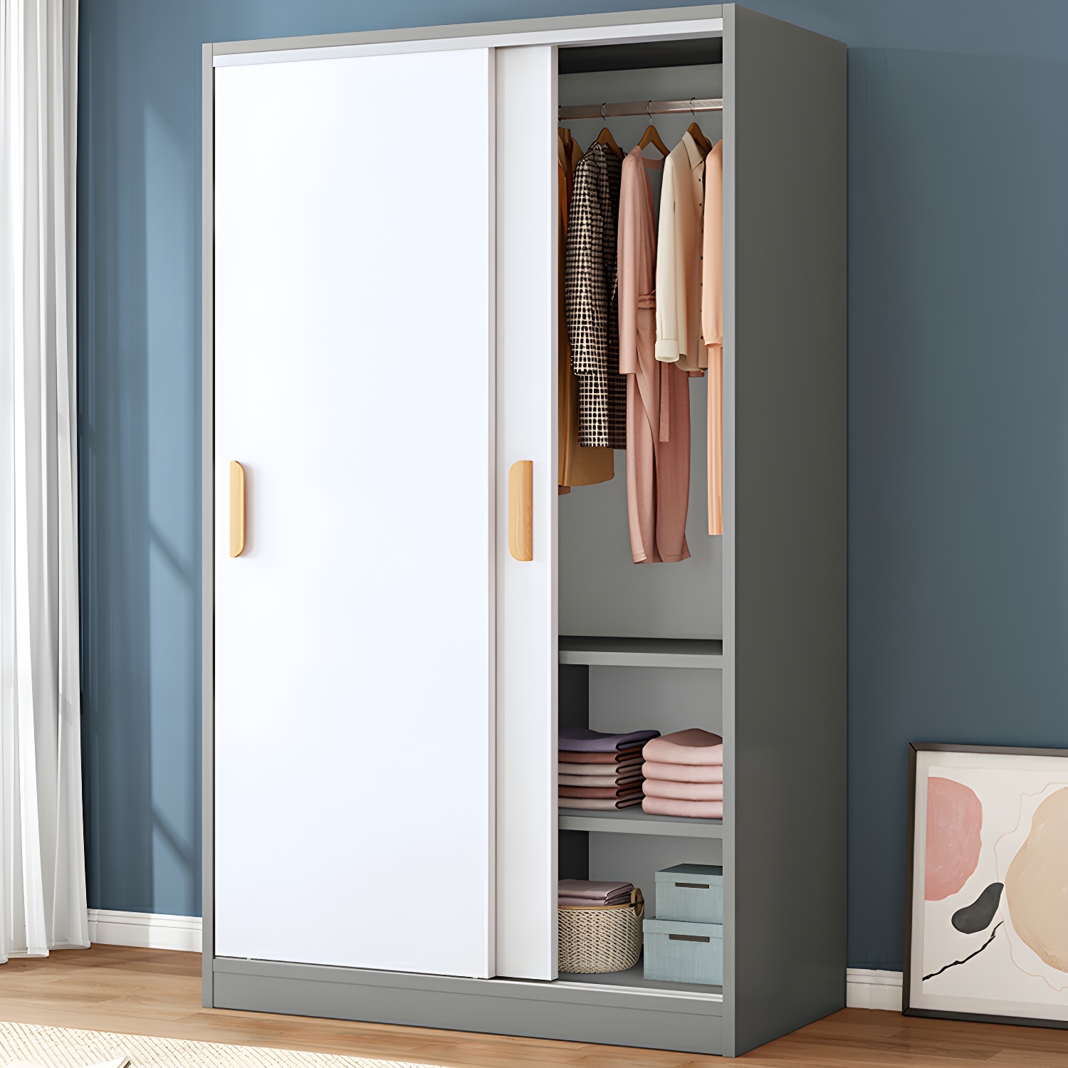Contemporary Wood Wardrobe Armoire with Sliding Doors, Clothing Rod, and Interior Shelves
