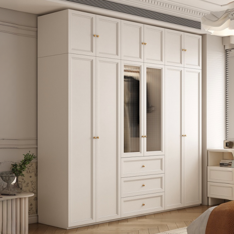 White Minimalist Laminate Wardrobe Closet with 3-Drawer, Soft Close Door, Interior Shelves, and Clothing Rod