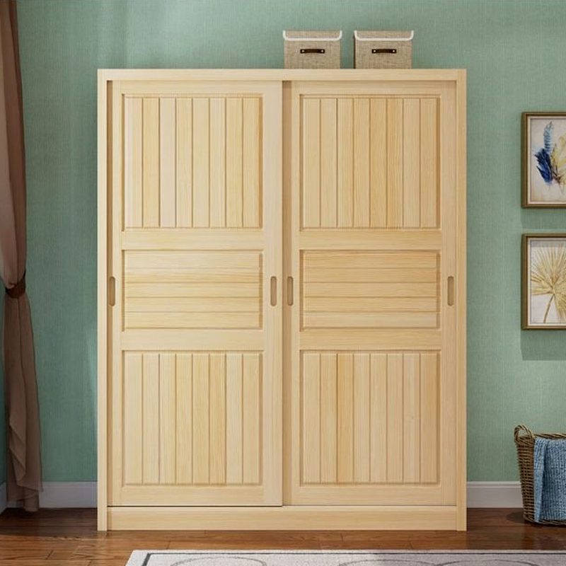 Natural Finish Modish Pine Wood Wardrobe Closet with Interior Shelves and Clothing Rod