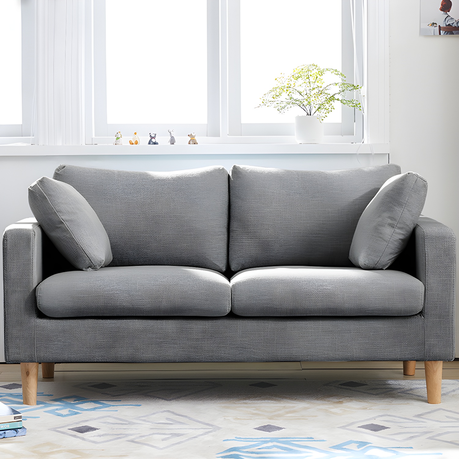 Contemporary Square Arm Couch Faux Leather Loveseat with Pillows - image 11