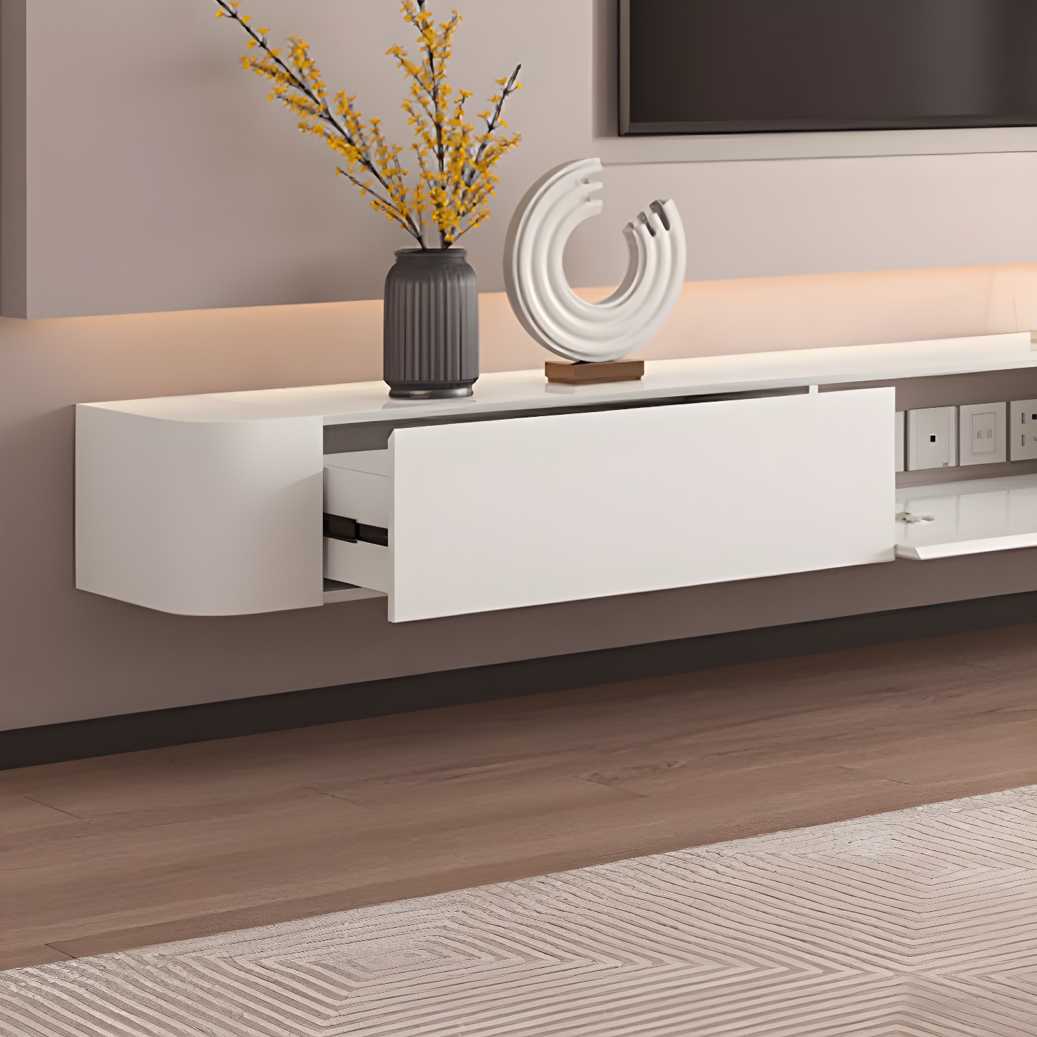 Scandinavian Solid Wood Frame Wall-mounted TV Media Stand with Drawers and Door - image 7