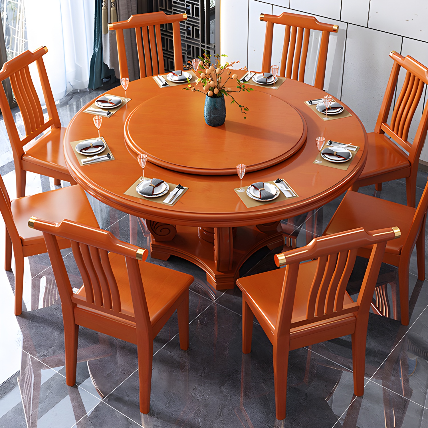 Round Solid Wood Dining Table Modern Turntable Furniture with Pedestal Base - image 9