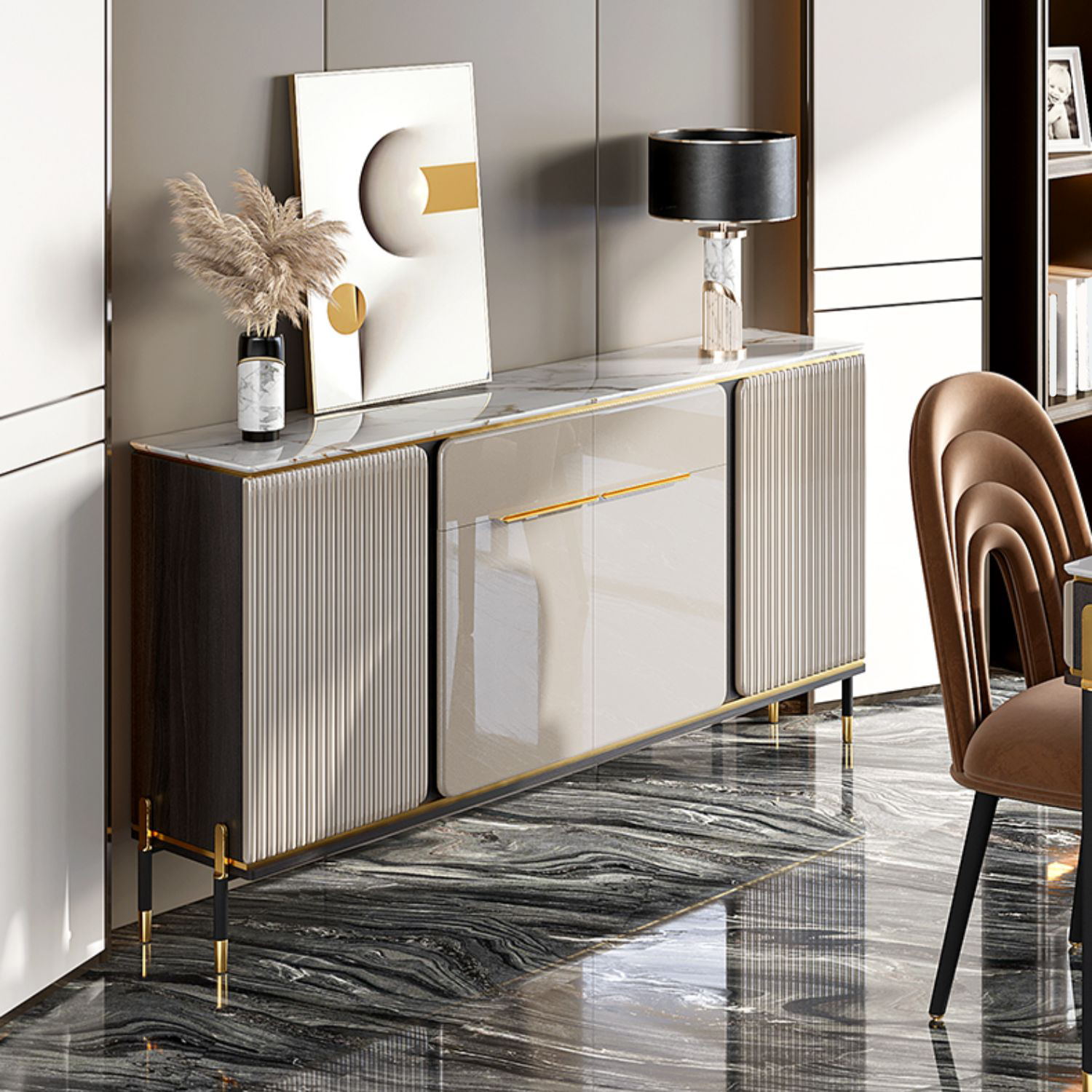 Stone Buffet Sideboard Glam Adjustable Shelves Buffet Credenza with Drawers and Cabinets - image 2