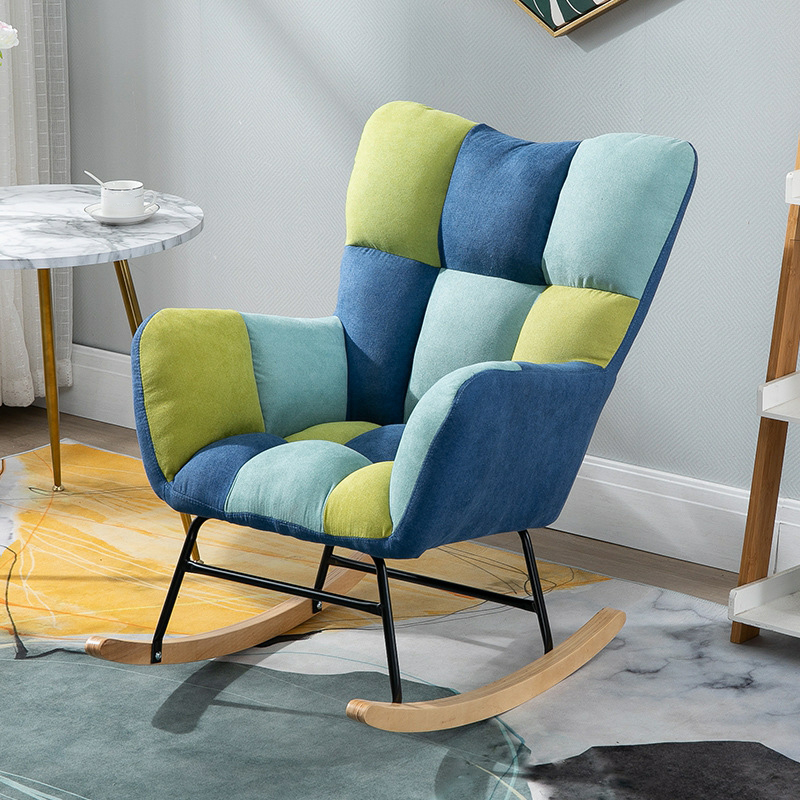 Cotton Cushioned Seat & Back Stationary Rocking Reading Chair with Flared Arm, Footstool, Wing Back & Light Wood Legs