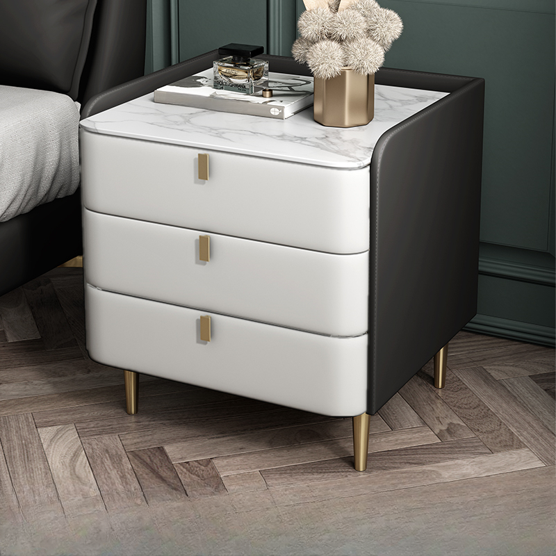 Art Deco 3 Tiers Drawer Storage Bedside Table with Stone Countertop
