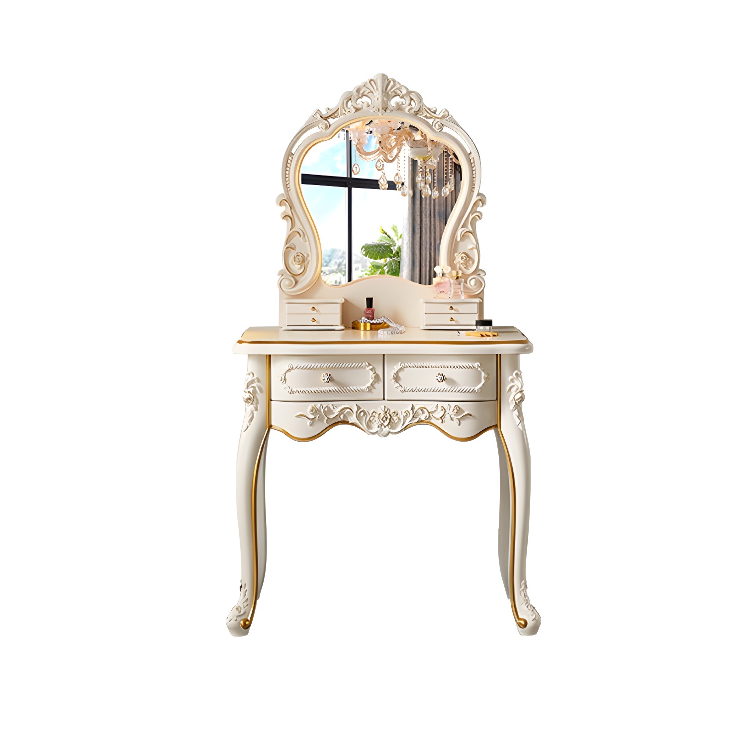 White Victorian Wood Vanity Dressing Table with Drawers Mirrored Makeup Vanity - image 7