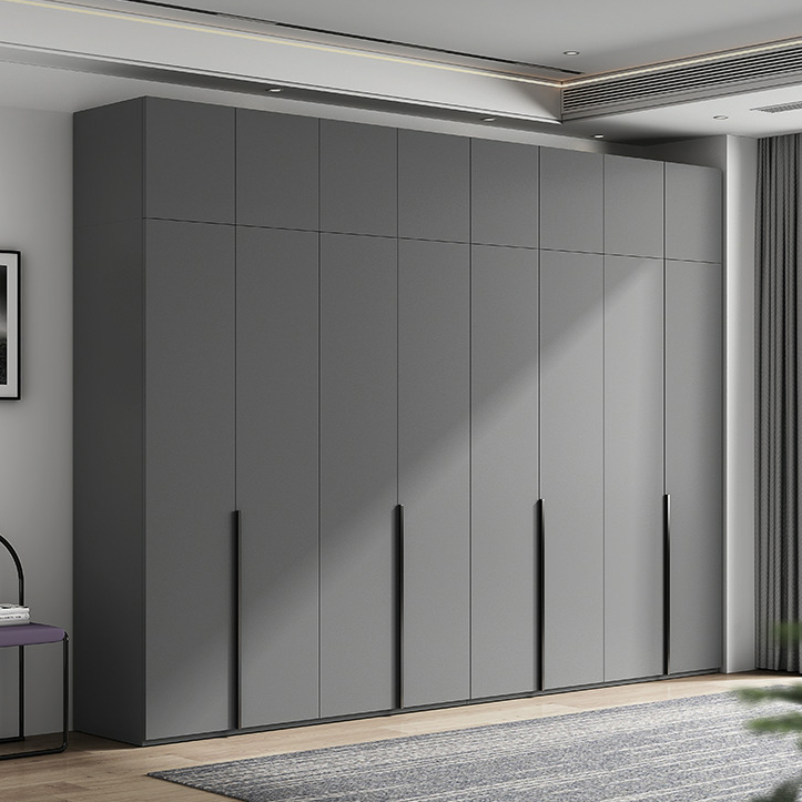 Contemporary Grey Wood Storage Wardrobe with Clothing Rod and Black Handles