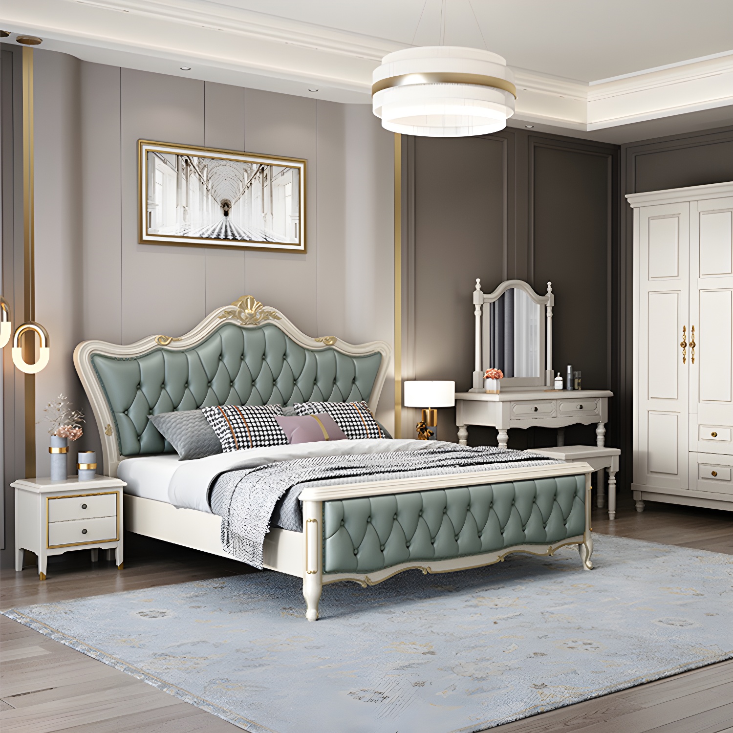 84.65 inch Wide Glam Bed Frame Rubberwood Solid Color Standard Bed with Headboard - image 5
