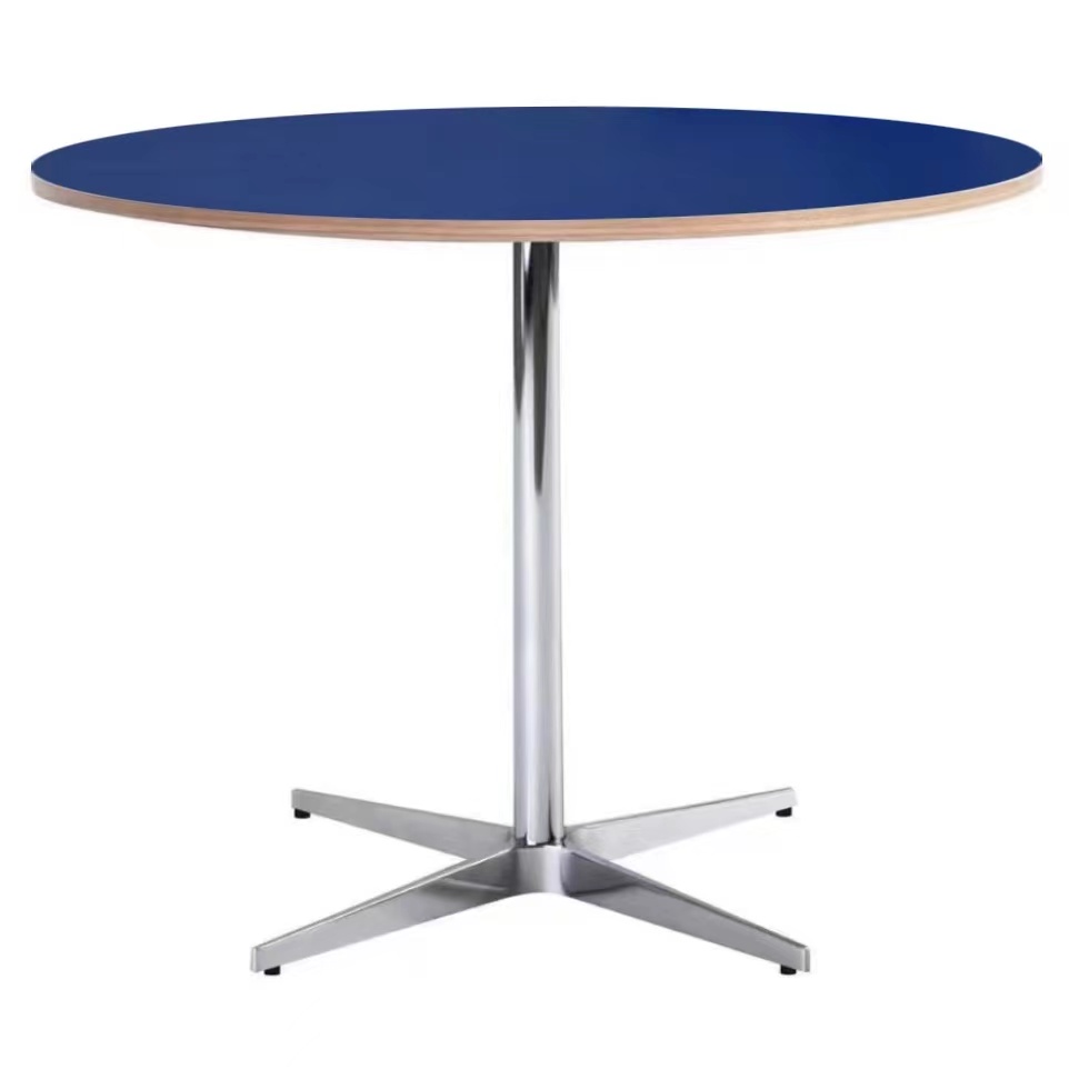 Trendy Orbicular Dining Table with Timber Top, Fixed Table Mechanism in Cerulean/Green/Apricot Color