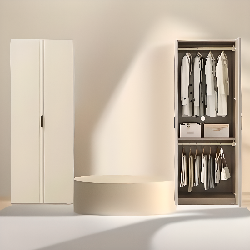 Beige Modish Wooden Armoire Cabinet with Soft Close Drawer, Soft Close Door, Interior Shelves, and Clothing Rod