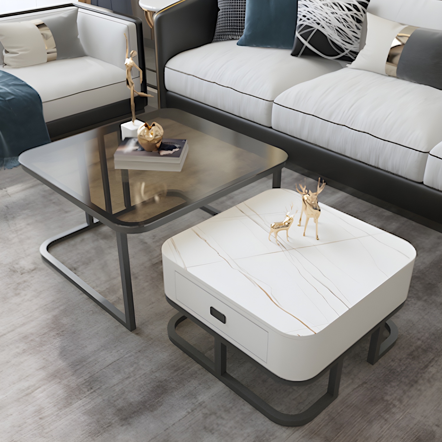 Round Slate/ Glass Coffee Table Frame 2 Nesting Cocktail Table with Storage