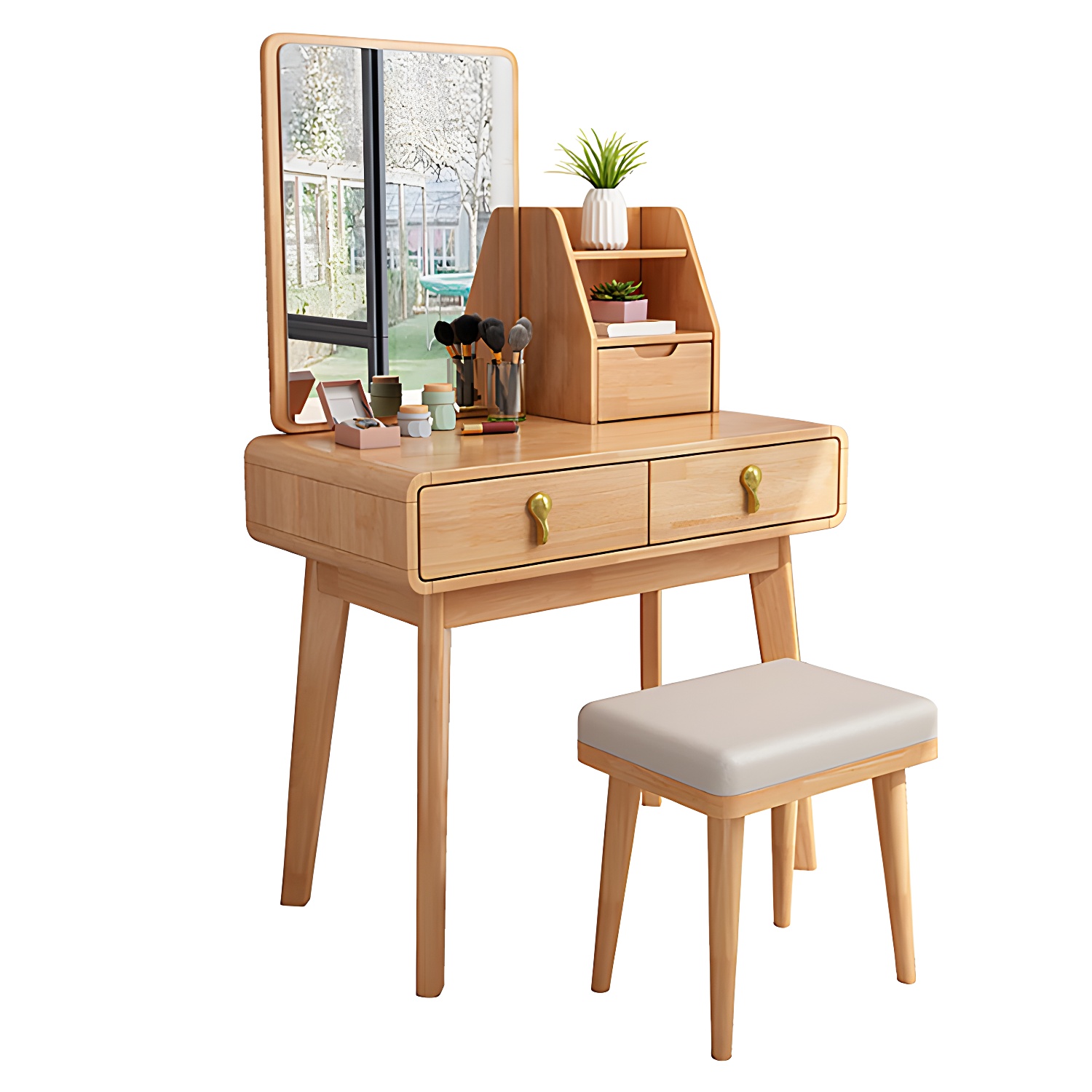Scandinavian 3-Drawer Dressing Table Solid Wood Vanity Makeup Table Set - image 13